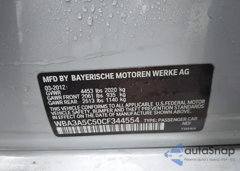 2012 BMW 328I z USA, uszkodzony, nr VIN WBA3A5C50CF344554